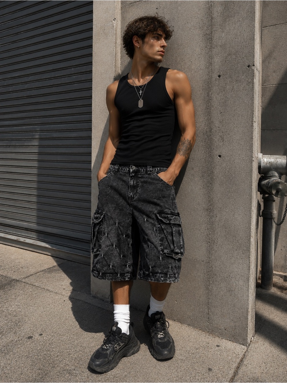 Grindhouse Quilted Cargo Jean Shorts Black Acid Wash Unisex Size 34